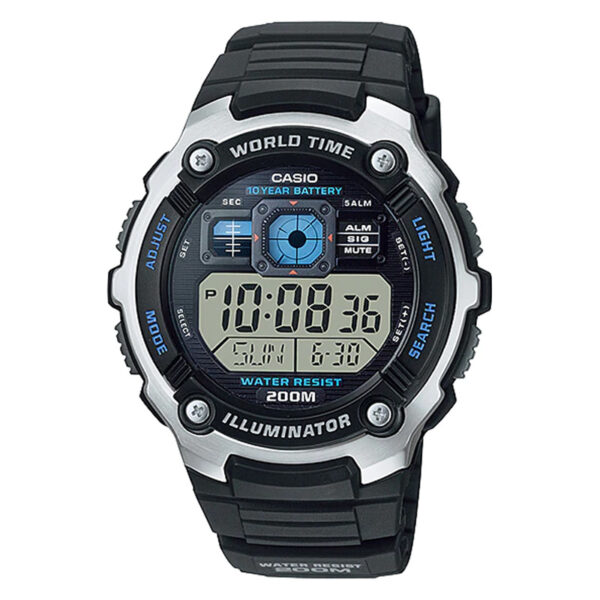 Casio AE-2000W-1A digital watch with 200-meter water resistance, world time, and rugged steel-resin design.