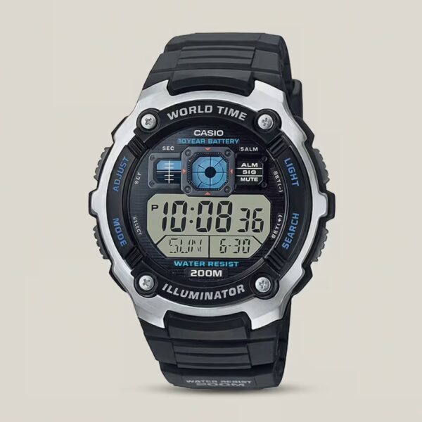 Casio AE-2000W-1A digital watch with 200-meter water resistance, world time, and rugged steel-resin design.