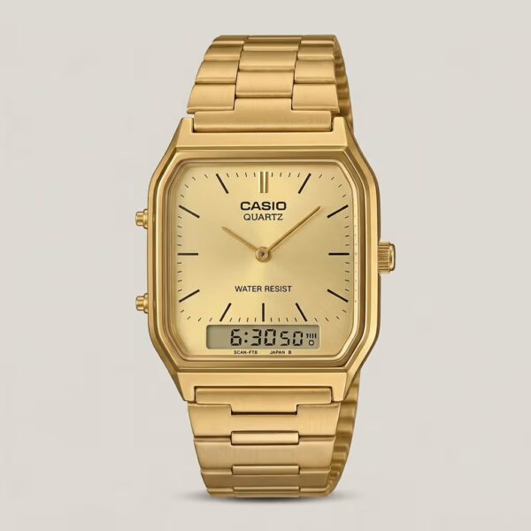Casio AQ-230GA-9DH men's gold-tone analog-digital watch with champagne dial, digital display and water-resistant design