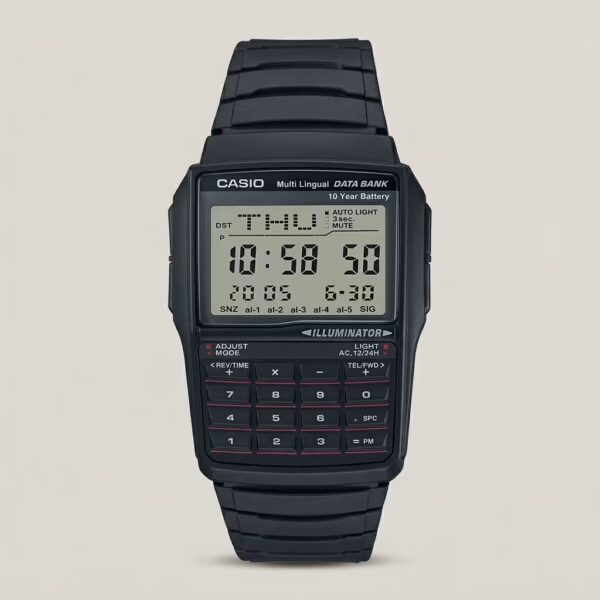 Casio DBC-32-1A digital watch with 8-digit calculator, Telememo memory, and resin band – black model with amber LED.