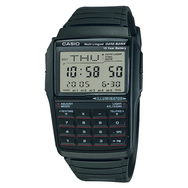 Casio DBC-32-1A digital watch with 8-digit calculator, Telememo memory, and resin band – black model with amber LED.