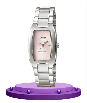 Casio-LTP-1165A-4C silver stainless steel pink square dial ladies watch