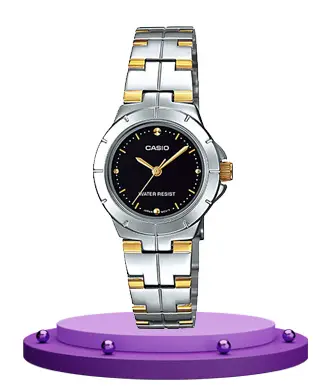 Casio LTP-1242SG-1C two tone stainless steel chain black analog dial ladies gift watch