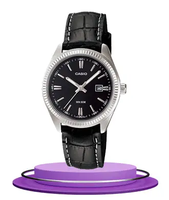 Casio LTP-1302L-1A black leather strap black analog dial ladies wrist watch