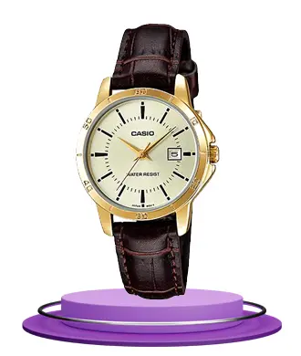 Casio LTP-V004GL-9A brown leather strap golden dial ladies watch