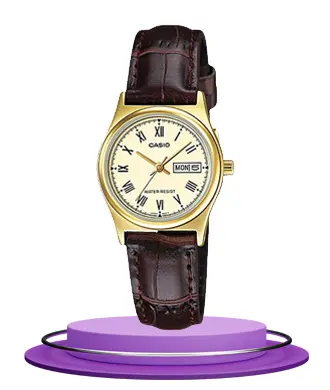 Casio-LTP-V006GL-9B brown leather strap golden dial ladies gift watch