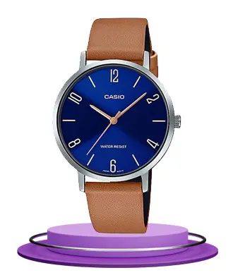 Casio LTP-VT01L-2B2 camel brown leather strap blue analog dial ladies hand watch