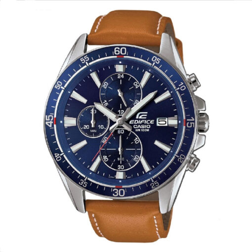Casio-Edifice-EFR-546L-2AV orange leather strap blue dial mens chronograph dress watch