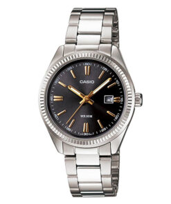 Casio LTP-1302D-1A2V silver stainless steel chain black analog dial ladies quartz watch