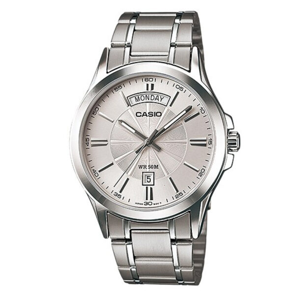 Casio MTP-1381D-7A stainless steel analog watch featuring a silver white dial with wide-format day and date display, plus 50-meter water resistance.