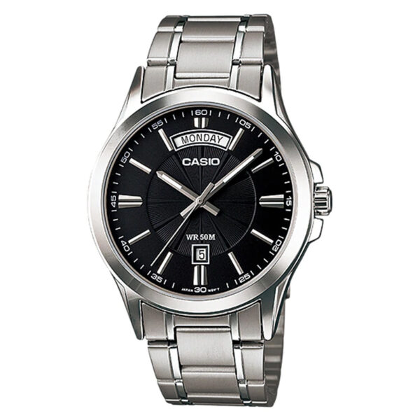 Casio MTP-1381D-1A stainless steel analog watch featuring a black dial with wide-format day display and date window, plus 50-meter water resistance.