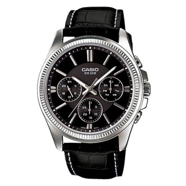 Casio MTP-1375L-1AV men’s chronograph watch with black dial and genuine leather strap.