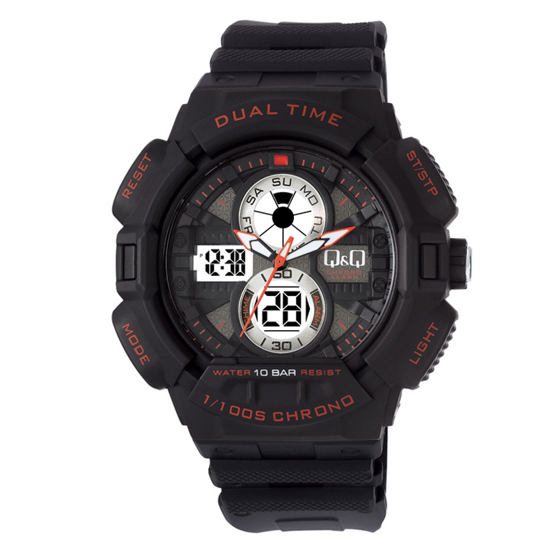 Q&Q GW81J002Y Black Resin Band Dual Dial Quartz Watch