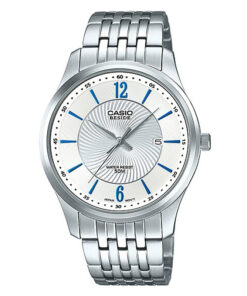 bem-151d-7a casio white dial blue digits thin case stylish wrist watch