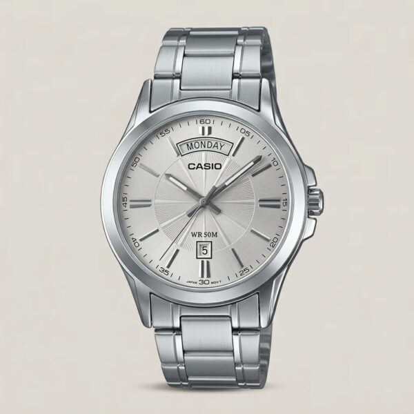 Casio MTP-1381D-7A stainless steel analog watch featuring a silver white dial with wide-format day and date display, plus 50-meter water resistance.