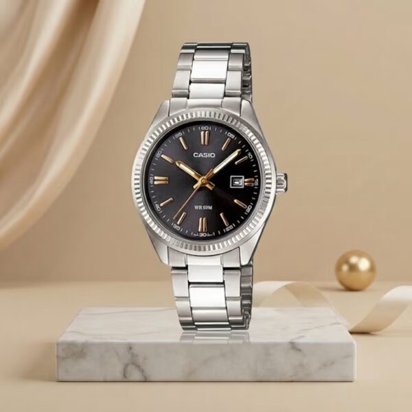 Casio LTP-1302D-1A2V silver stainless steel chain black analog dial ladies quartz watch