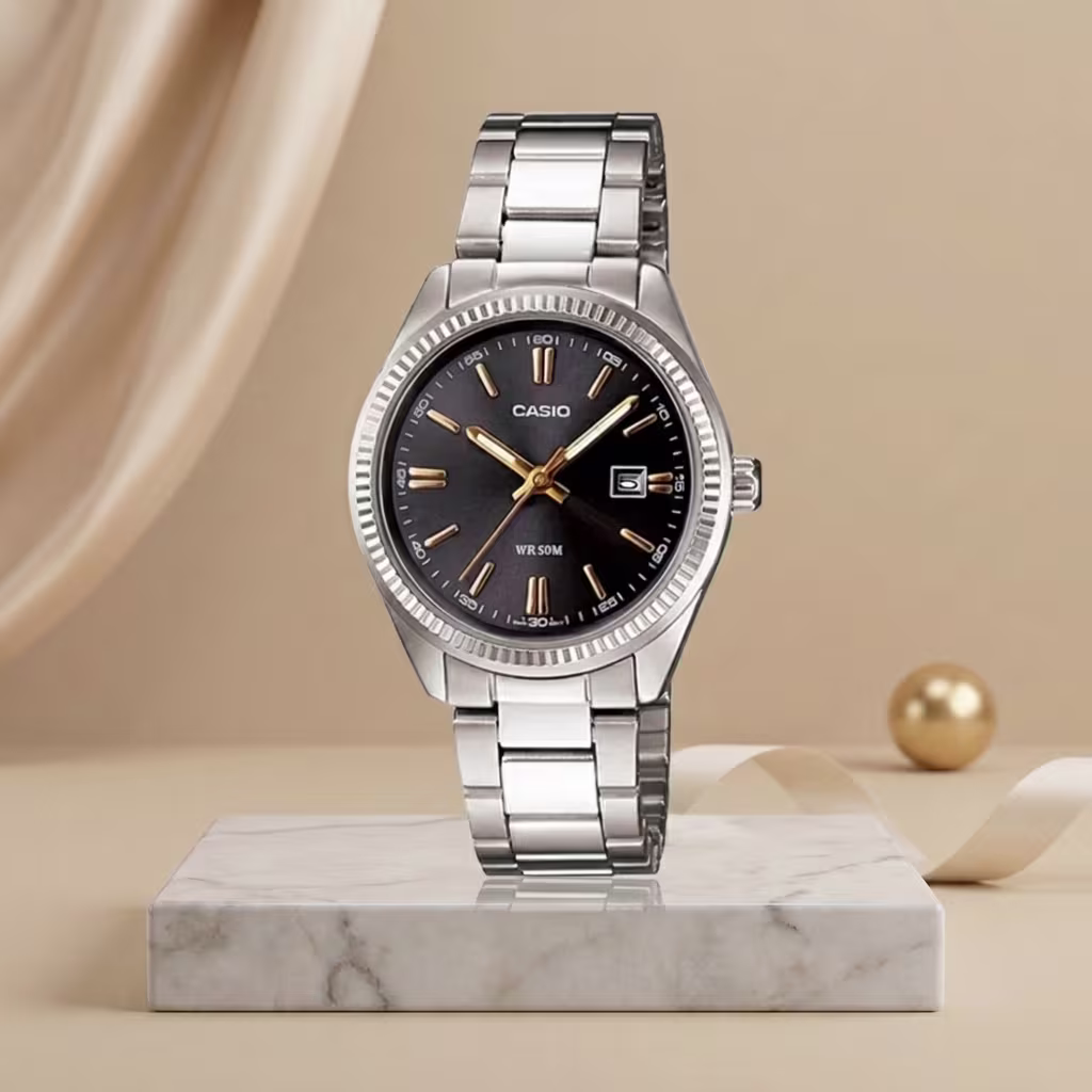 Casio LTP-1302D-1A2V silver stainless steel chain black analog dial ladies quartz watch