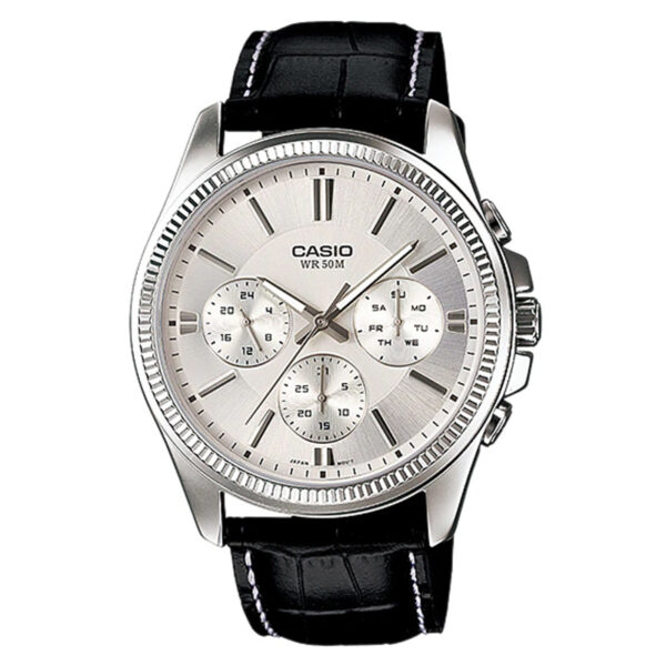 Casio mtp-1375l-7av Black leather Band With Silver Multi Dial Analog Men's wrist Watch