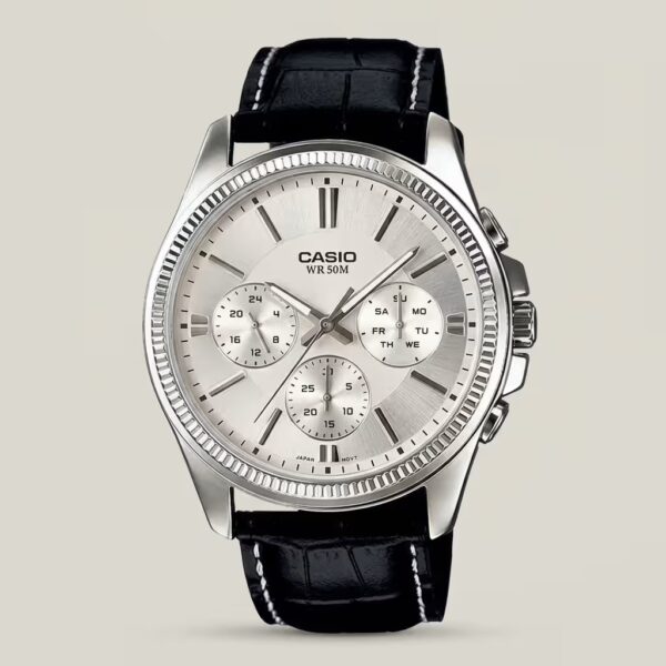 Casio mtp-1375l-7av Black leather Band With Silver Multi Dial Analog Men's wrist Watch