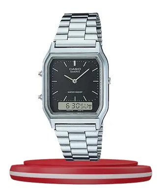 Casio AQ-230A-1DH silver stainless steel chain square shape black dual dial vintage wrist watch