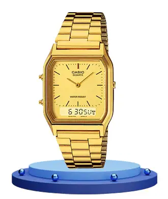Casio AQ-230GA-9DH golden stainless steel chain square shape dual dial vintage gift watch