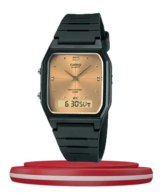 Casio AW-48HE-9AV black resin band rose gold square dial men's dress watch
