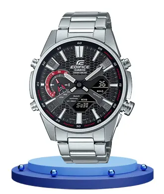 Casio Edifice ECB-S100D-1A silver stainless steel chain black dual dial men's solar powered watch