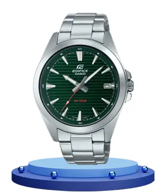 Casio Edifice EFV-140D-3AV silver stainless steel chain green analog dial men's dress watch with 100m water resistance