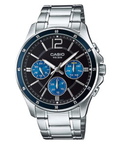 Casio MTP-1374D-2AV Silver Stainless Steel Chain With Blue Chronograph Analog Men's Wrist Watch