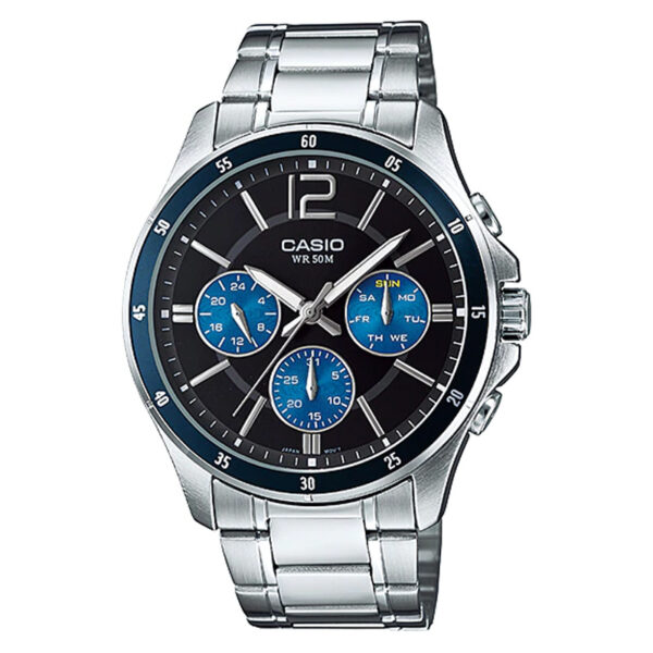 Casio MTP-1374D-2AV Silver Stainless Steel Chain With Blue Chronograph Analog Men's Wrist Watch