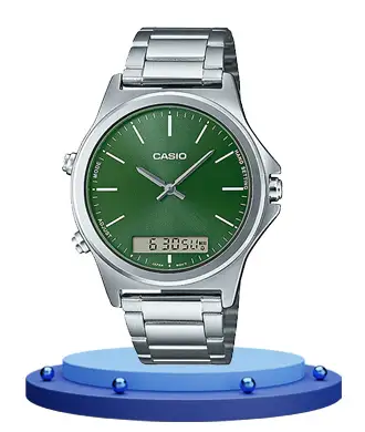 Casio MTP-VC01D-3E silver stainless steel chain green dual dial men's quartz watch