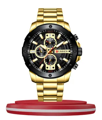 Curren 8336 golden stainless steel chain black chronograph dial men's gift watch