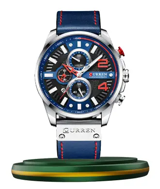 Curren 8393 blue leather strap black chronograph dial men's sports watch