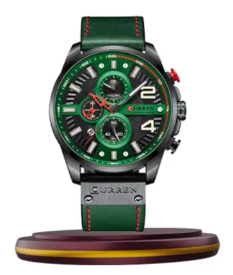 Curren 8393 green leather strap black dial men's chronograph quartz watch