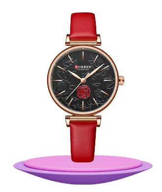 Curren 9078 red leather strap black dial ladies hand watch