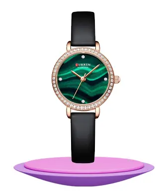 Curren 9083 black leather strap green analog dial ladies hand watch
