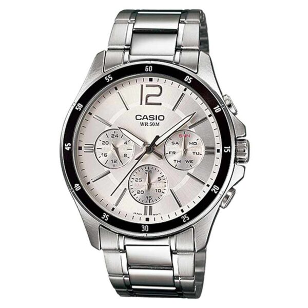 Casio MTP-1374D-7A analog stainless steel watch with silver-white dial, triple subdials for day, date, and 24-hour time, and 50-meter water resistance.