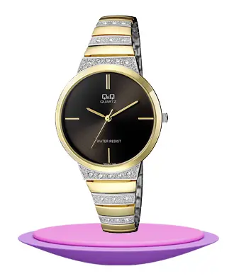 Q&Q F553J402Y stone embedded two tone stainless steel chain & black round dial ladies gift watch
