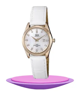Q&Q QZ13J111Y white leather strap stone engraved hour marks white dial ladies stylish watch