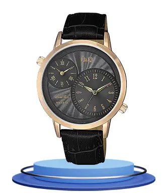 QQ QZ22J105Y dual analog dial men's black leather strap dress watch