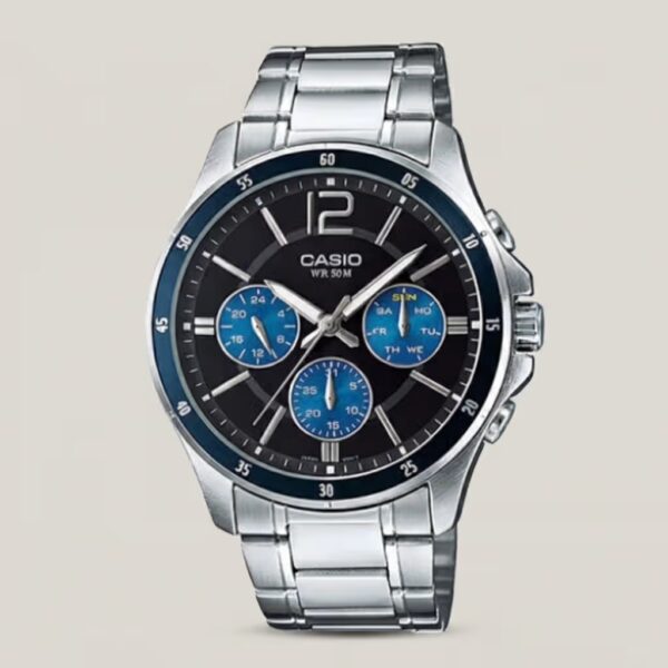 Casio MTP-1374D-2AV Silver Stainless Steel Chain With Blue Chronograph Analog Men's Wrist Watch
