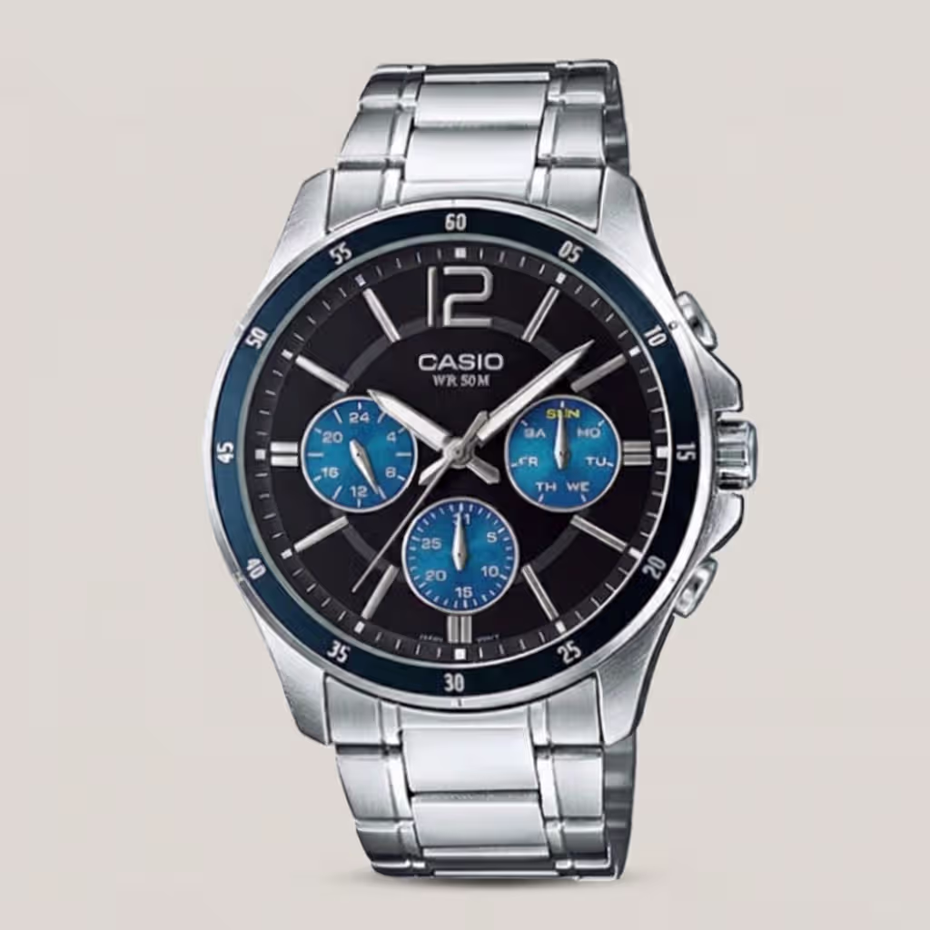 Casio MTP-1374D-2AV Silver Stainless Steel Chain With Blue Chronograph Analog Men's Wrist Watch