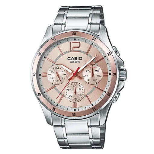 Casio-Mtp-1374D-9av Chronograph Pink Dial Silver Stainless Steel Chain Men's Dress Watch