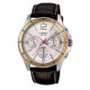 Casio MTP-1374L-7A analog watch with silver dial, genuine leather strap, day-date-24-hour subdials, and 50-meter water resistance.