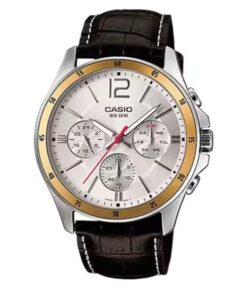 Casio MTP-1374L-7A analog watch with silver dial, genuine leather strap, day-date-24-hour subdials, and 50-meter water resistance.