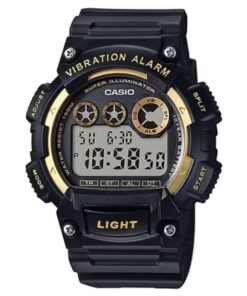 Casio W-735H-1AVDF digital sports watch with vibration alerts, white Super Illuminator LED, and rugged black resin design.