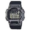 Casio W735H-1A3V digital watch with white LED, vibration alarm, 100M water resistance, and rugged green-black design.