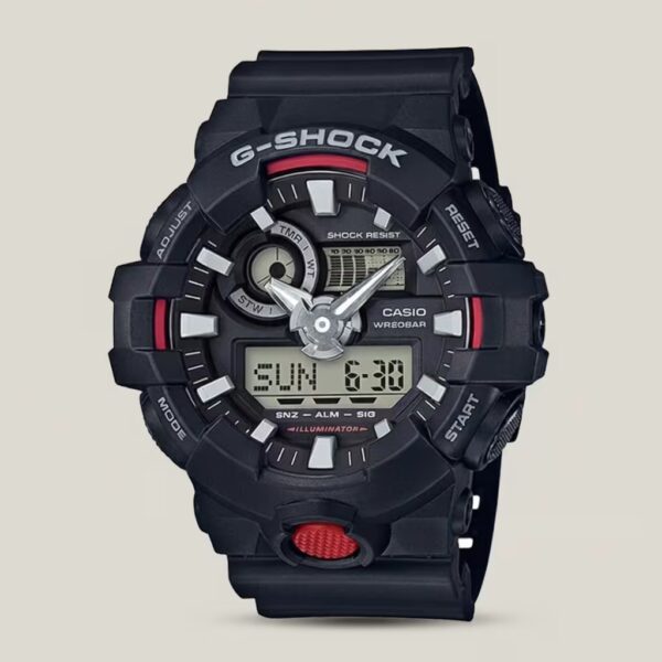 Casio G-Shock men's black analog-digital watch with red accents, shock-resistant design and illuminator display