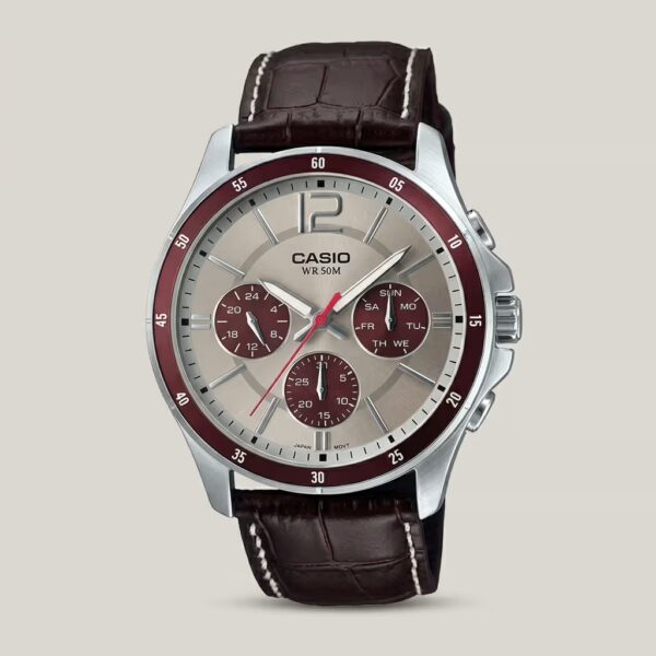 MTp-1374L-7a1V Black Leather Band Silver Dial Analog Wrist Watch