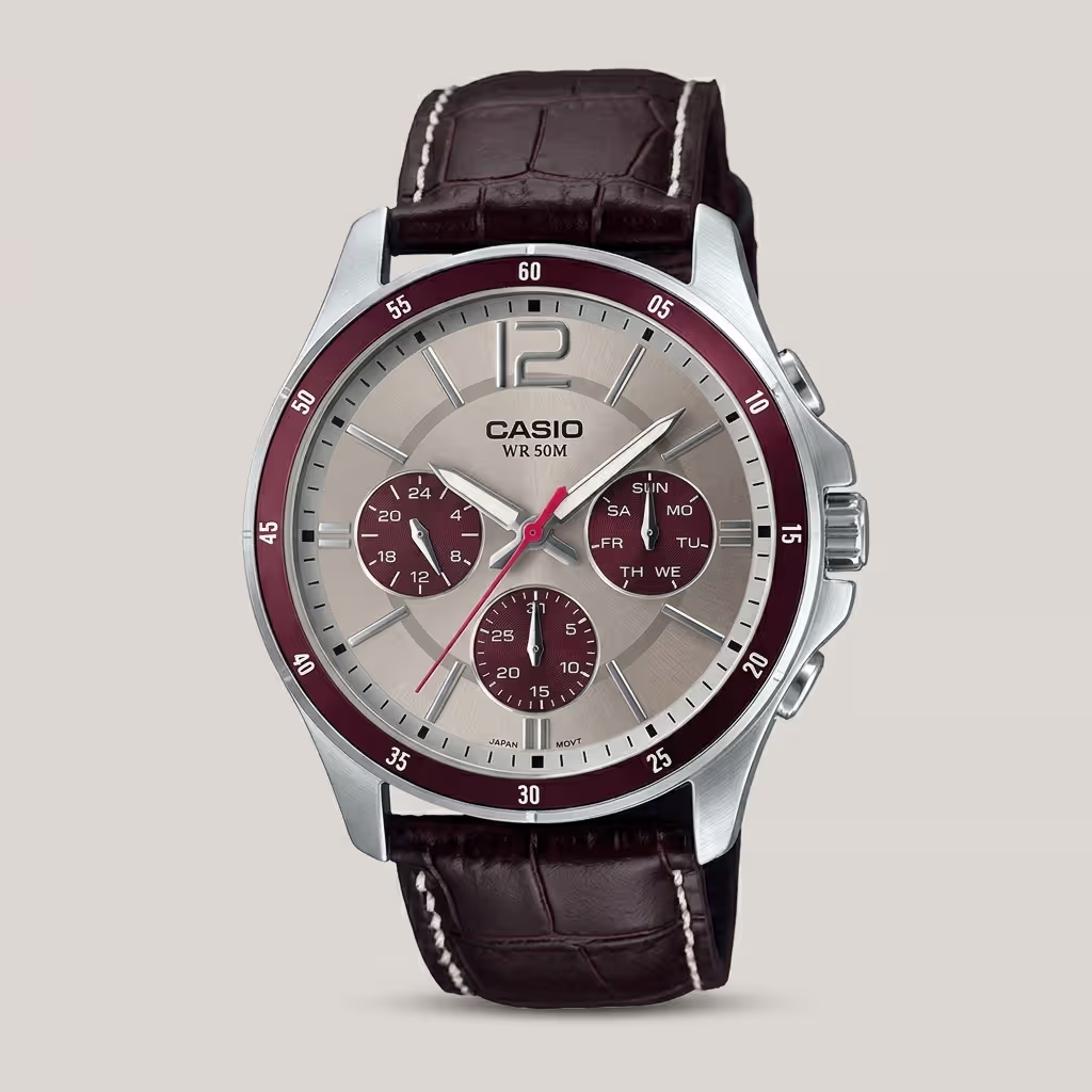 MTp-1374L-7a1V Black Leather Band Silver Dial Analog Wrist Watch